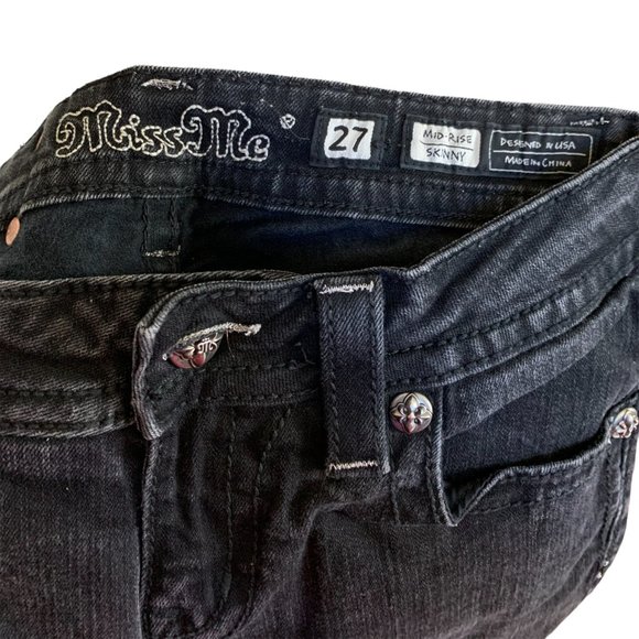 Miss Me 'Mid-Rise Skinny' Womens Jeans Tag 27 Black W28xL33 Sequins Fleur de Lis - Picture 5 of 12